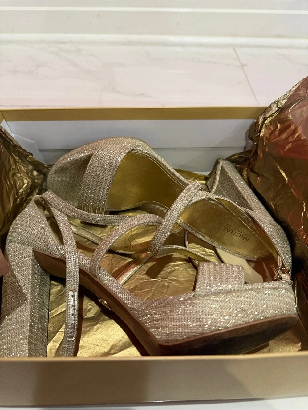 MICHAEL Michael Kors Gold Glitter Block Heel Sandals